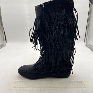 Black Women Almond Toe Chic Tassels Mid Calf Boots Pull on Comfy Lining Shoes